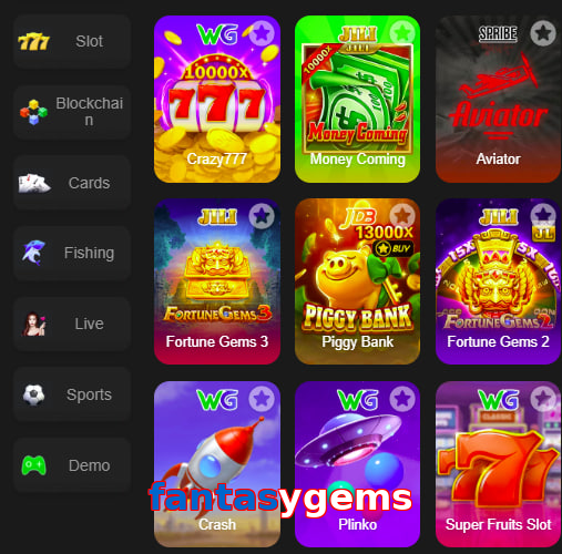 Main screen of Fantasygems game page for PK players